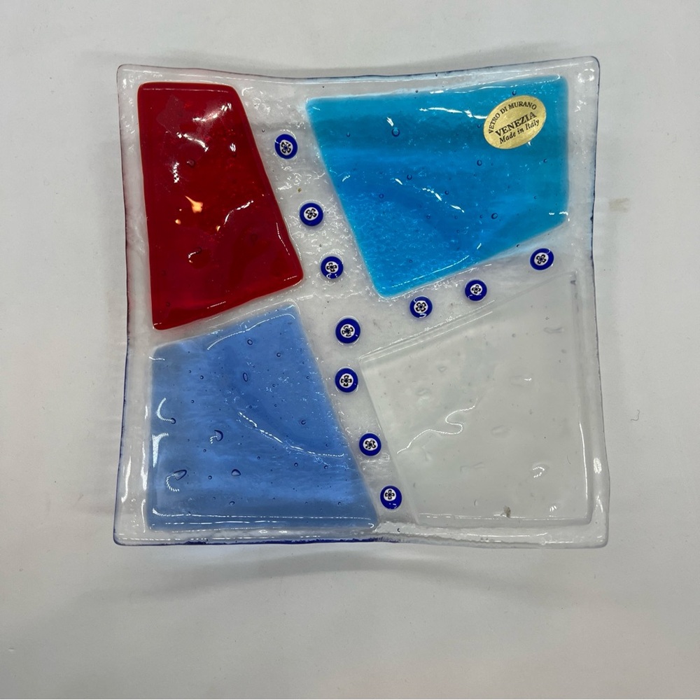 Fused Art Glass Trinket Dish 5 1/2"  Millefiori Blue Red Made In Italy